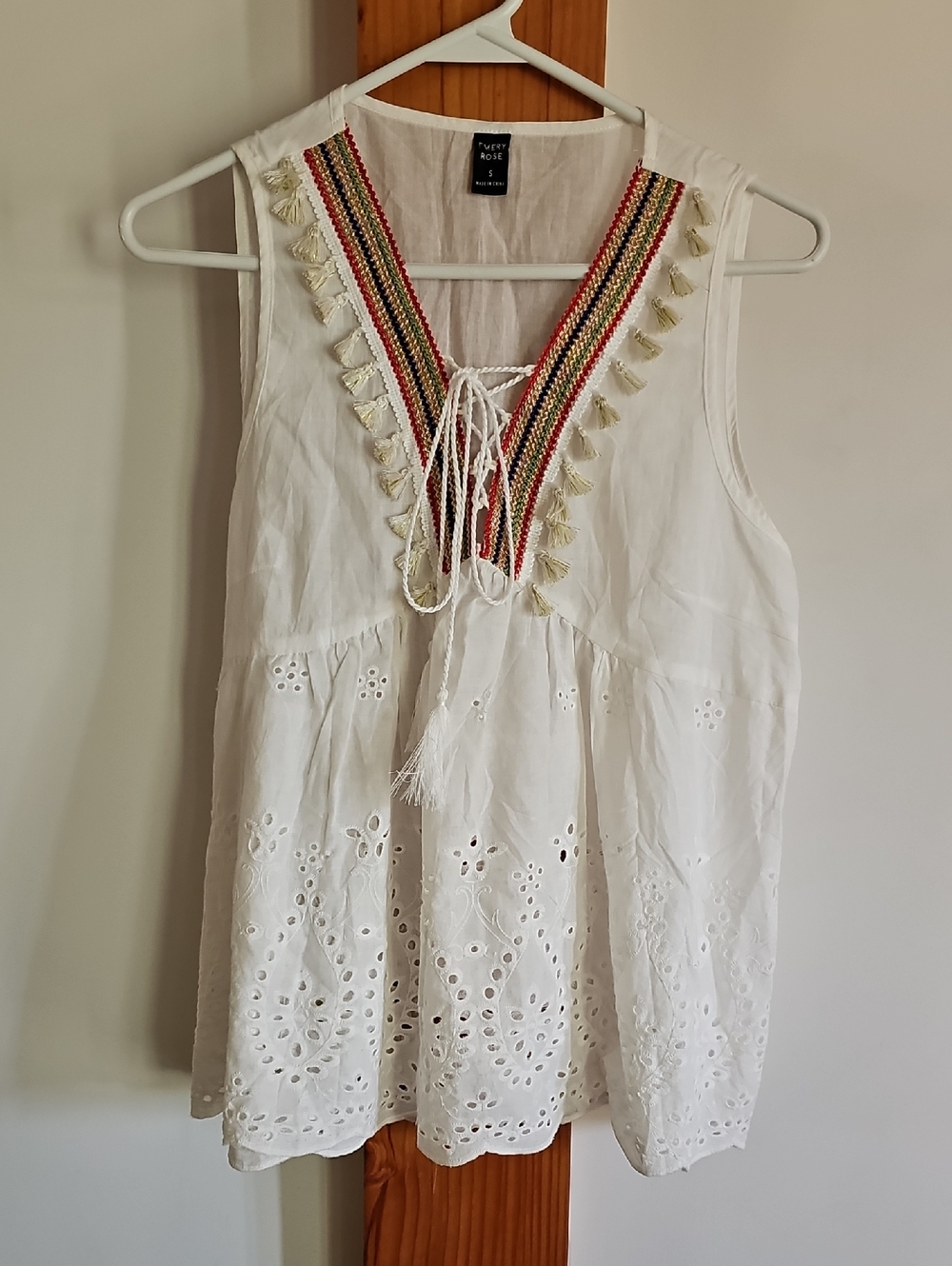 White Southwestern Cotton Top with Tassel Trim
